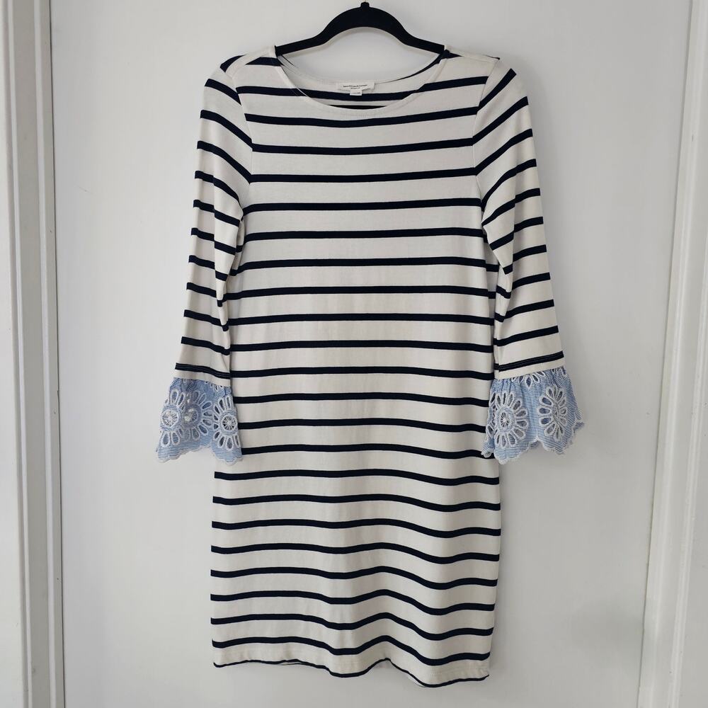 beachlunchlounge Nautical Beach Stripe Shirt Dress Sz XS 3/4 Sleeve Guipure Lace
